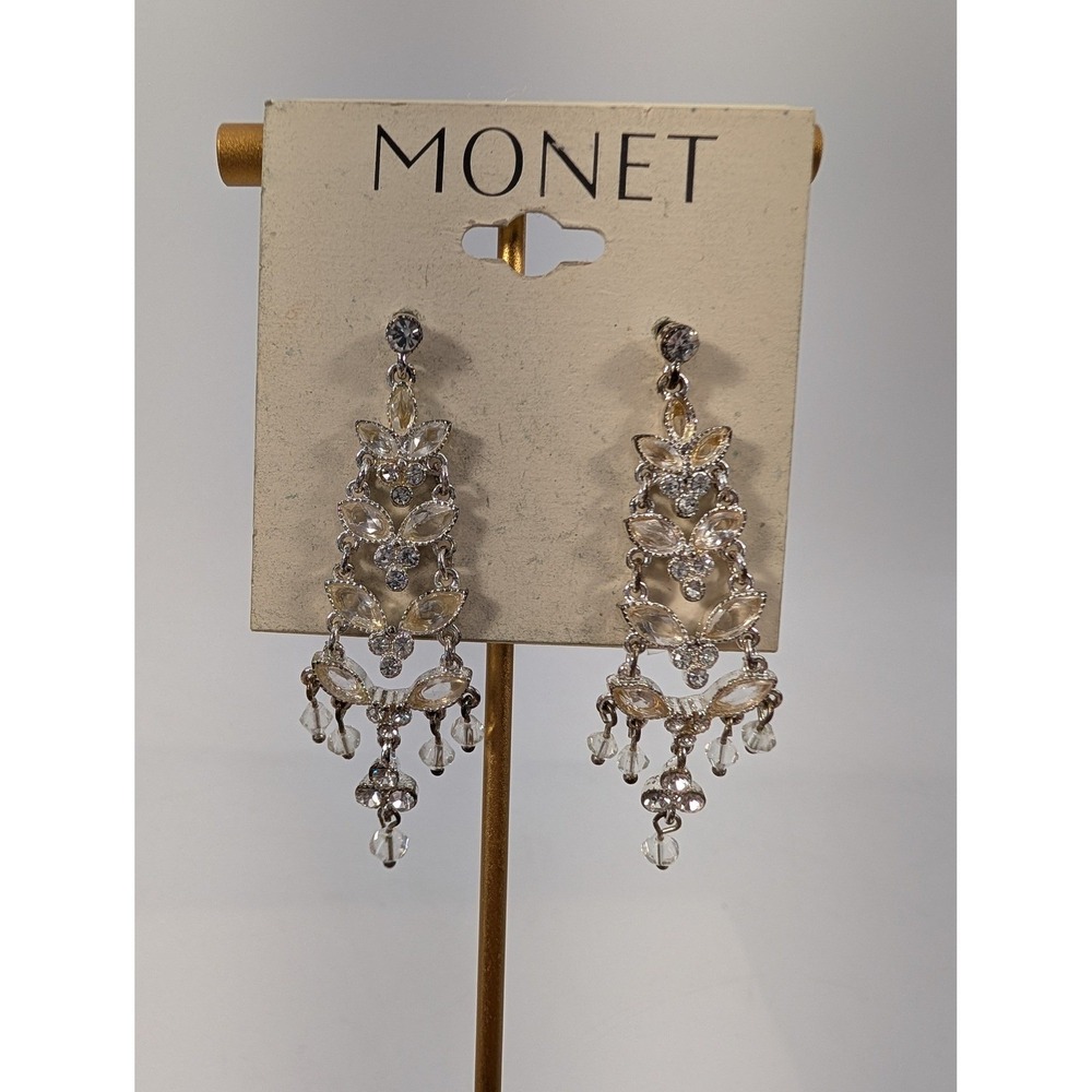 Vintage Monet Silver Tone Clear Crystal Marquise Art Deco Chandelier Earrings